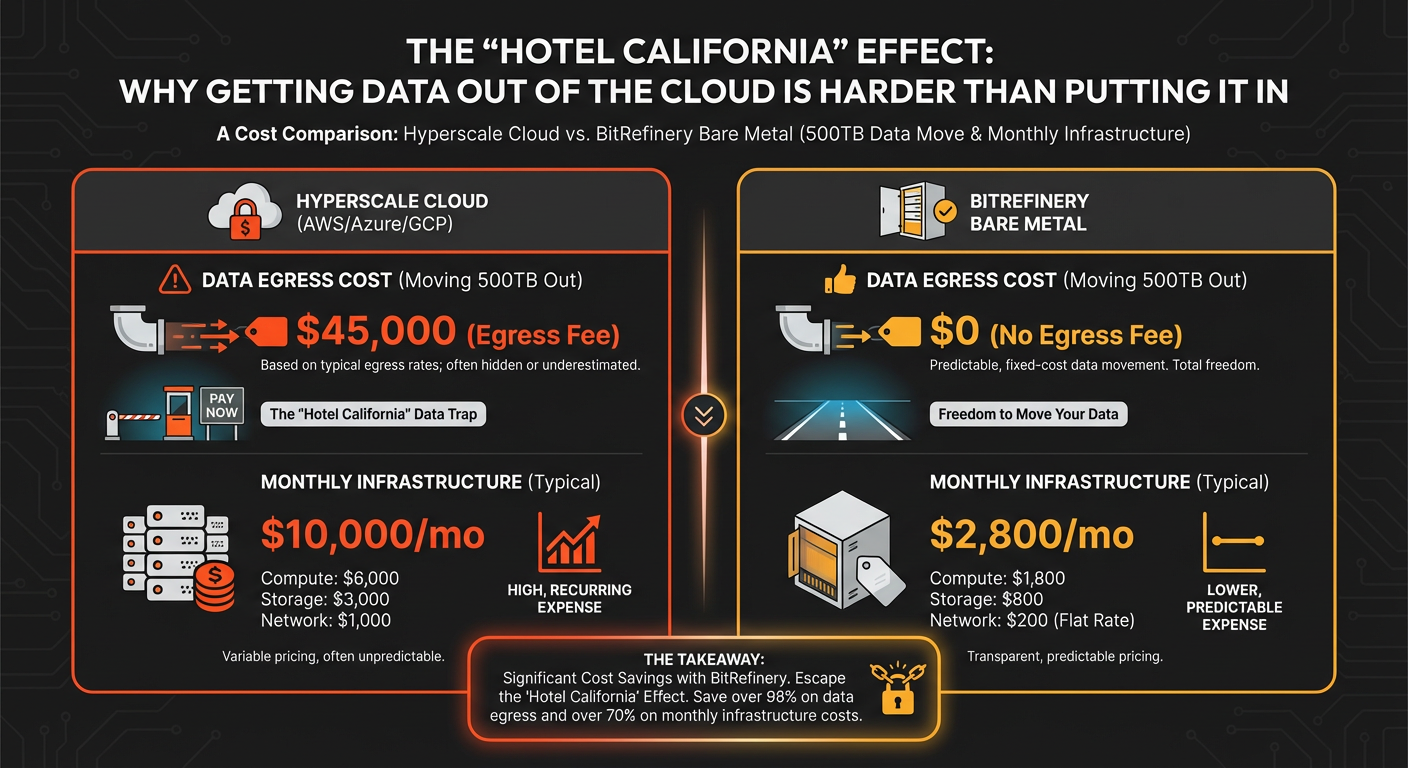Comparison chart of Hyperscale Cloud vs BitRefinery Bare Metal costs and egress fees
