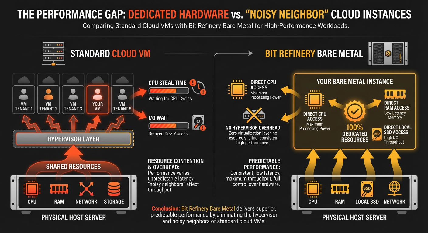 Comparison diagram of multi-tenant cloud virtualization vs dedicated bare metal architecture