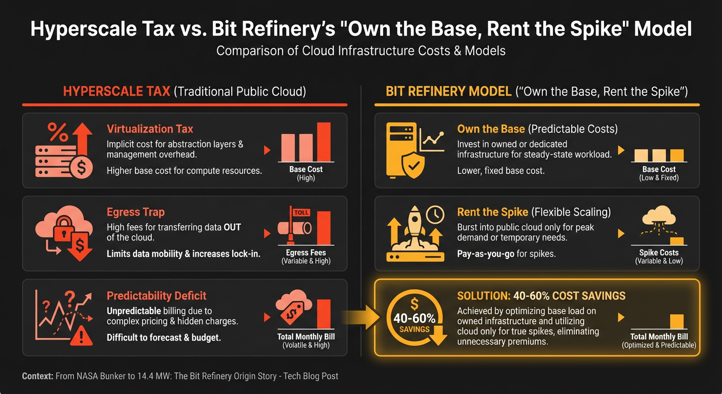 Comparison chart showing cost and performance benefits of Bit Refinery bare metal versus public cloud hyperscalers