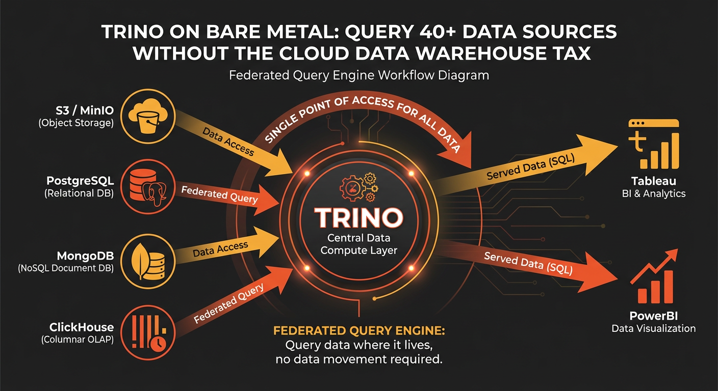Trino federated query engine architecture diagram showing multiple data sources connecting to a single SQL layer