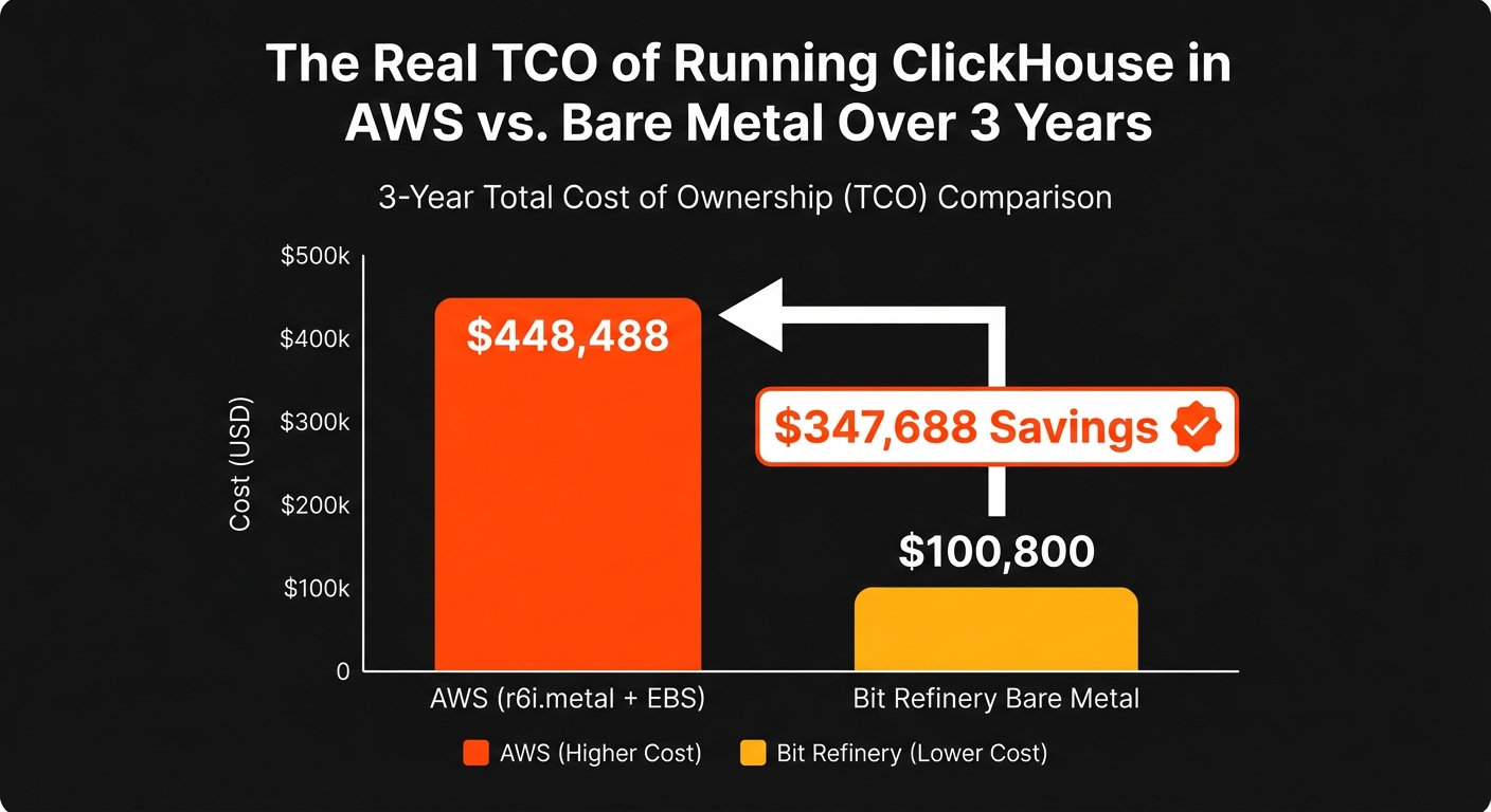 3-Year TCO comparison chart between AWS and Bit Refinery Bare Metal for ClickHouse