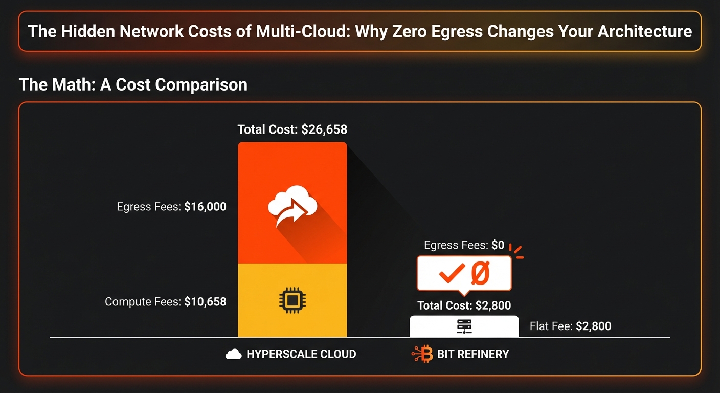 Cost comparison chart showing Bit Refinery vs Hyperscale Cloud egress and compute fees