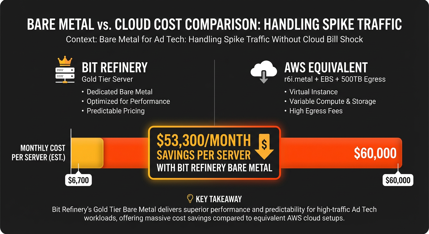 Cost comparison chart showing monthly savings of bare metal vs AWS for ad tech workloads
