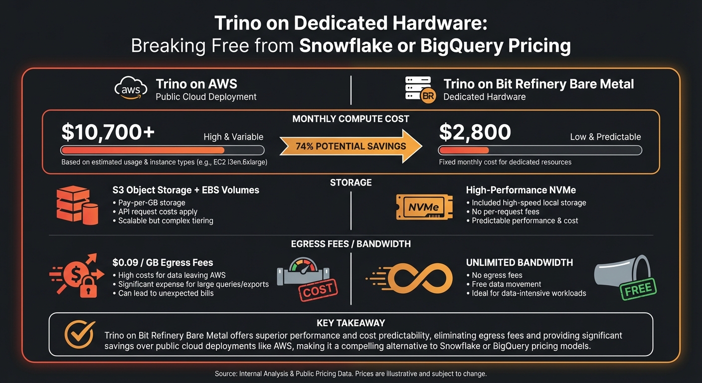 Comparison chart of Trino on AWS vs Bit Refinery Bare Metal costs and performance