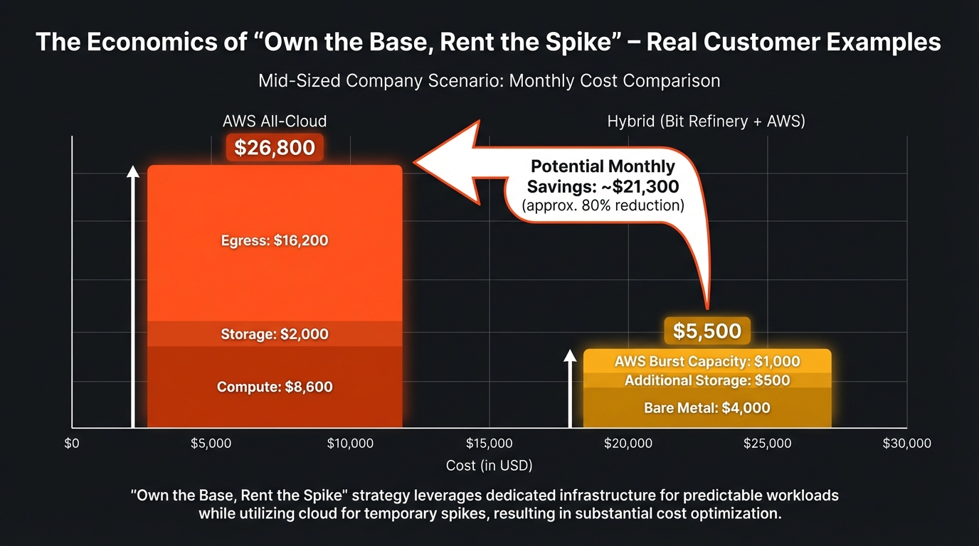 Cost comparison chart showing 79% savings between AWS all-cloud and hybrid bare metal infrastructure