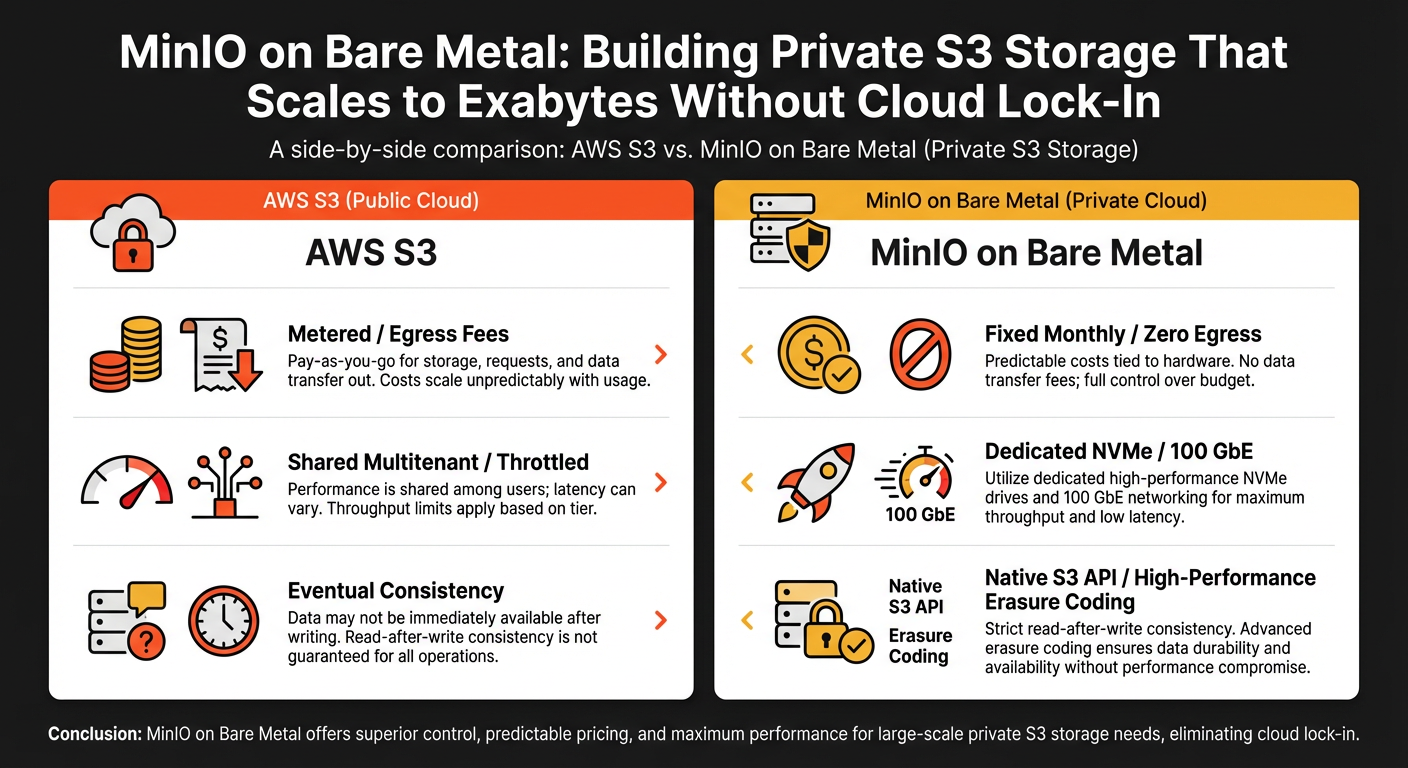 Comparison chart of AWS S3 vs MinIO on Bare Metal performance and pricing