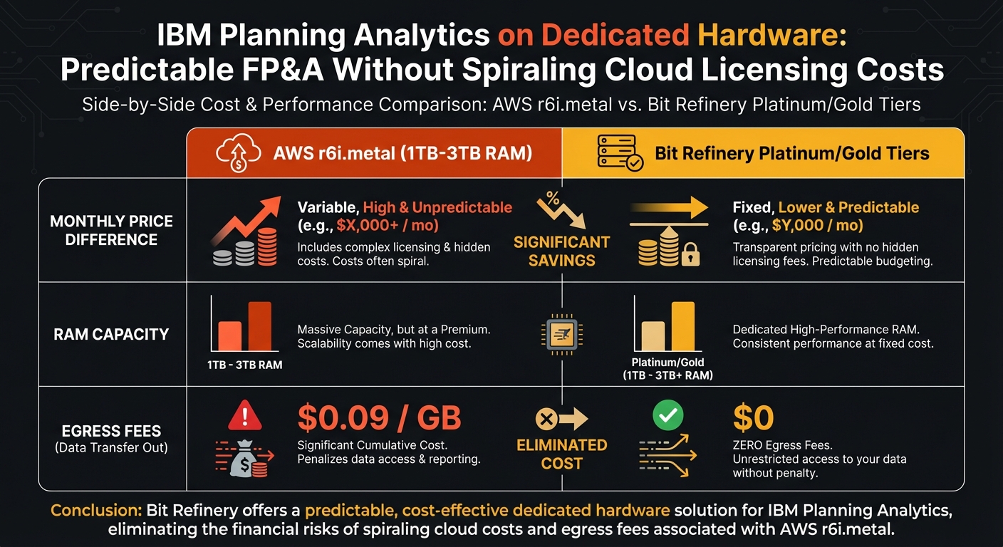 Comparison chart of AWS cloud costs vs. Bit Refinery bare metal for IBM Planning Analytics