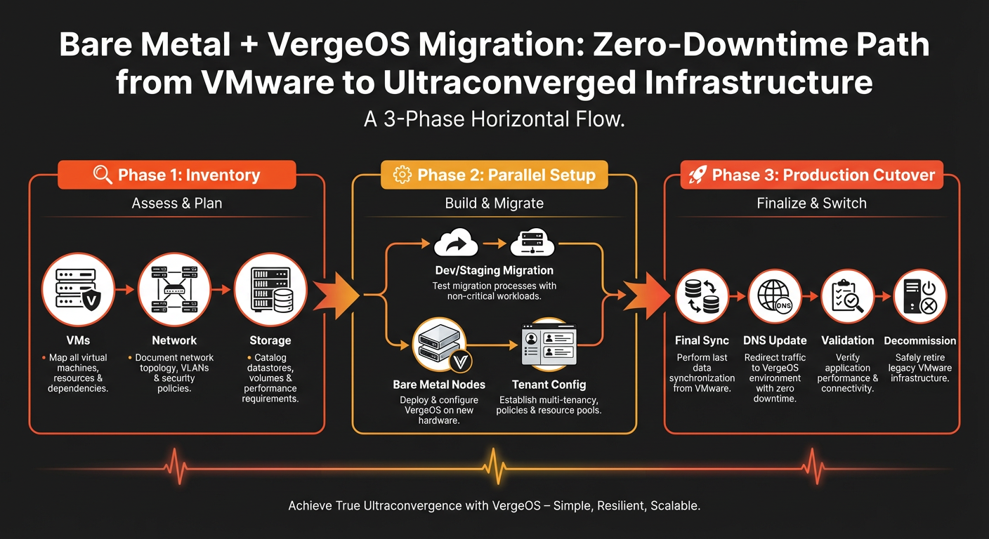 Three-phase migration workflow from VMware to VergeOS