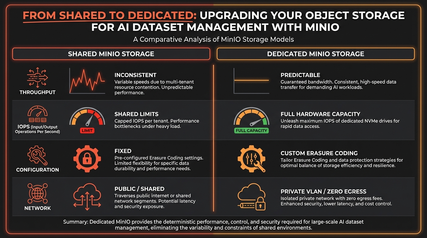 Comparison chart of Shared vs. Dedicated MinIO storage performance and control features