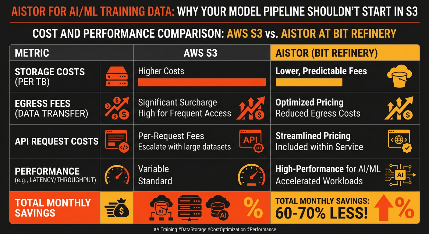 Cost comparison chart between AWS S3 and AiStor for AI training data