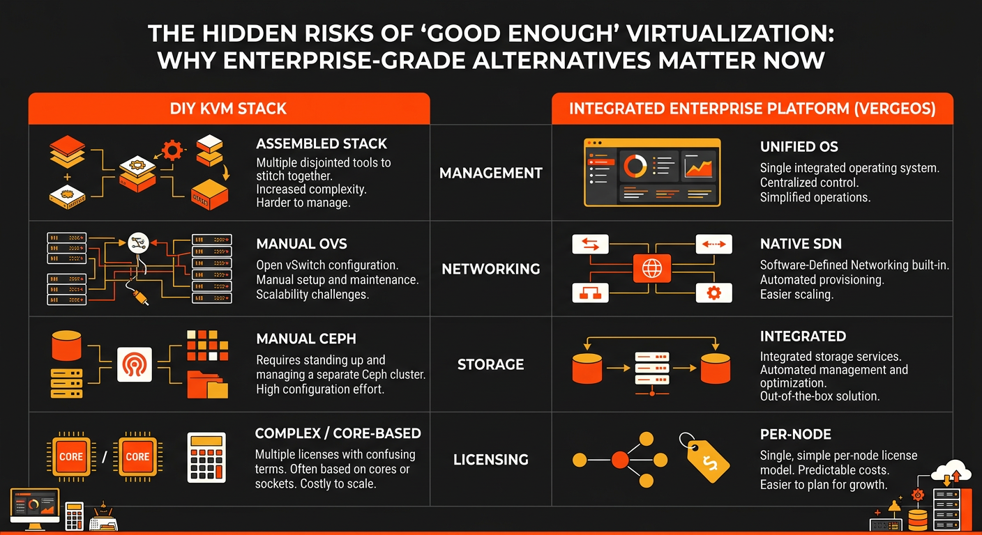Comparison chart between DIY KVM stacks and integrated enterprise virtualization platforms