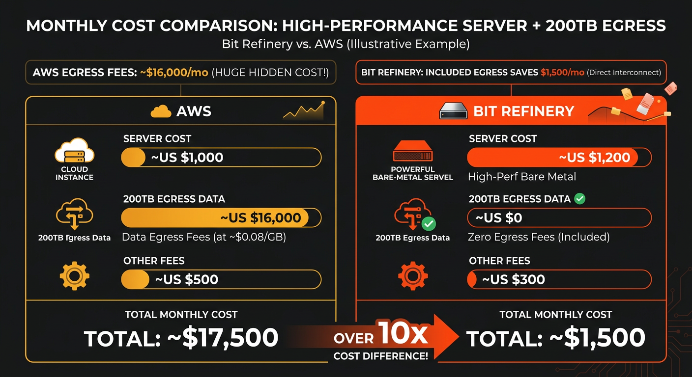 Cost comparison chart between Bit Refinery and AWS showing server and egress fee differences