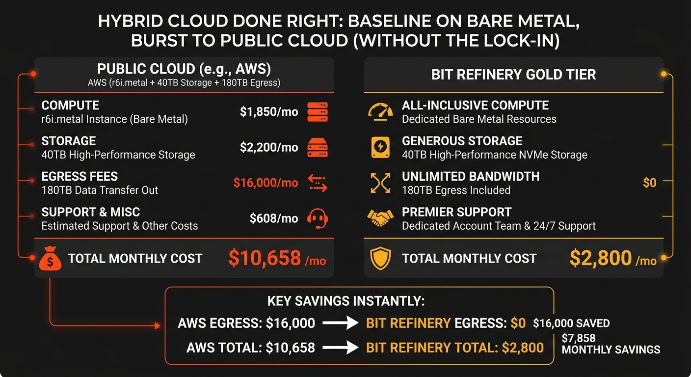 Cost comparison chart between AWS and Bit Refinery bare metal showing significant savings on compute and egress fees.