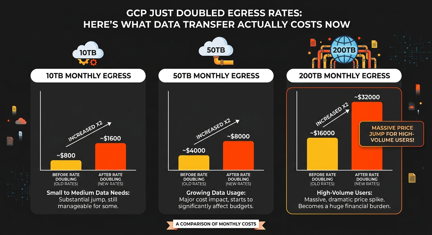 GCP egress cost comparison chart showing 100% price increase across different data volume tiers
