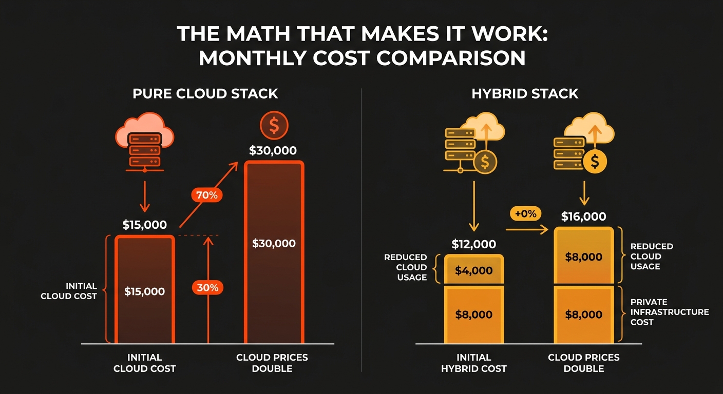 Cost comparison chart between pure cloud and hybrid AI architectures showing price resilience