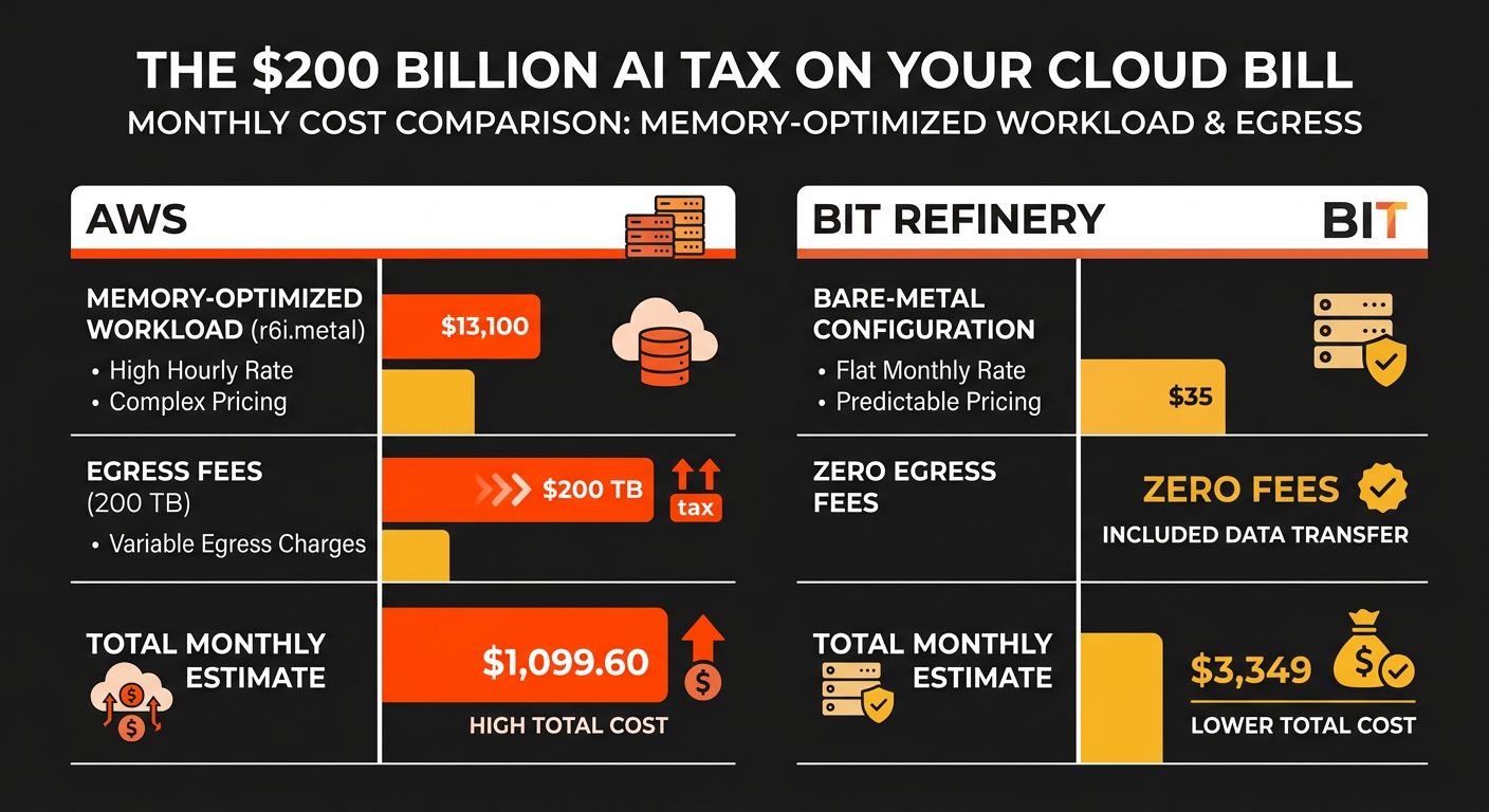 Cost comparison chart showing AWS vs Bit Refinery for compute and egress fees
