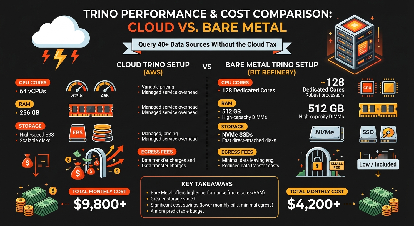 Comparison chart of Trino on AWS vs Bare Metal showing cost savings and hardware specs