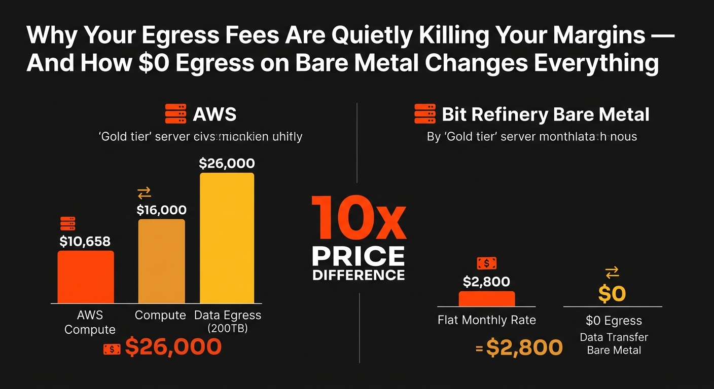 Cost comparison chart showing AWS vs Bit Refinery bare metal with 200TB egress fees