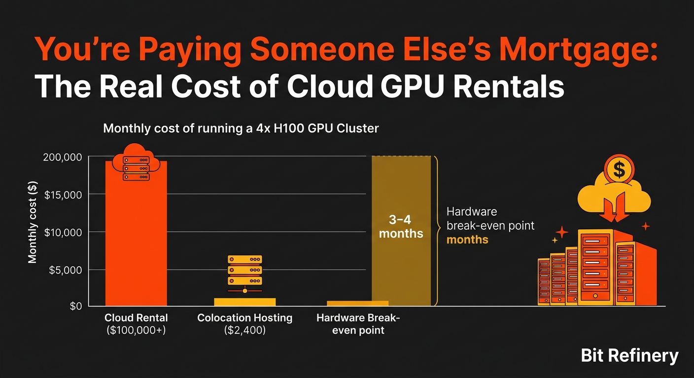Comparison chart of Cloud GPU rental costs vs. Colocation and ownership costs