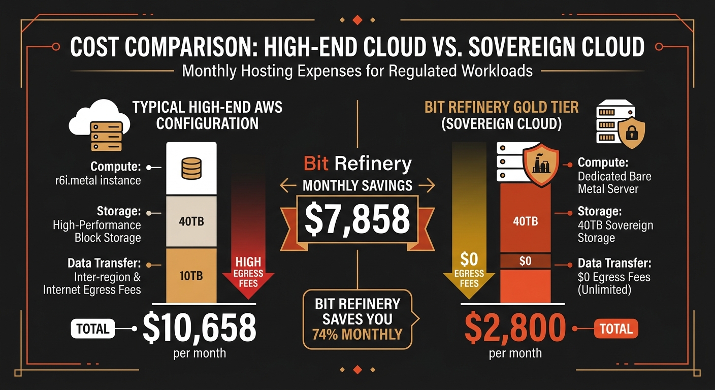 Cost comparison chart between AWS and Bit Refinery dedicated infrastructure
