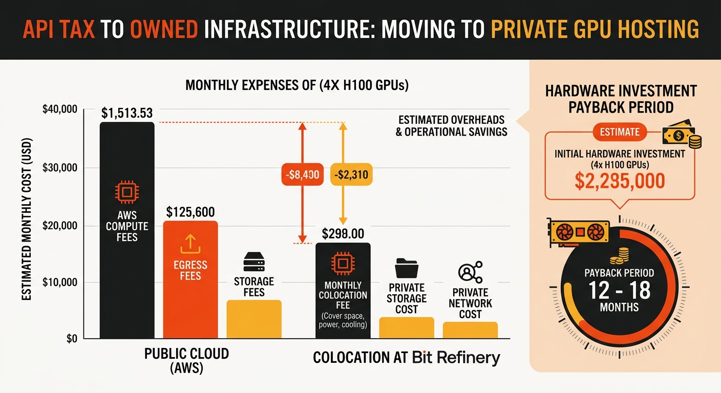 Comparison chart of AWS monthly GPU costs vs. private colocation costs