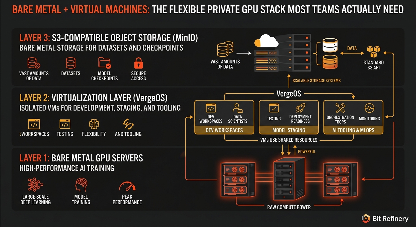 Three-layer hybrid infrastructure stack diagram showing bare metal GPUs, virtual machines, and object storage.